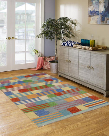 Flat Weave Kilim, Antique, Navaho, Vintage, Handmade, Modern Kilim Blue Rust Hand-Woven Rectangle 100% Wool Area Rug 4 x 6